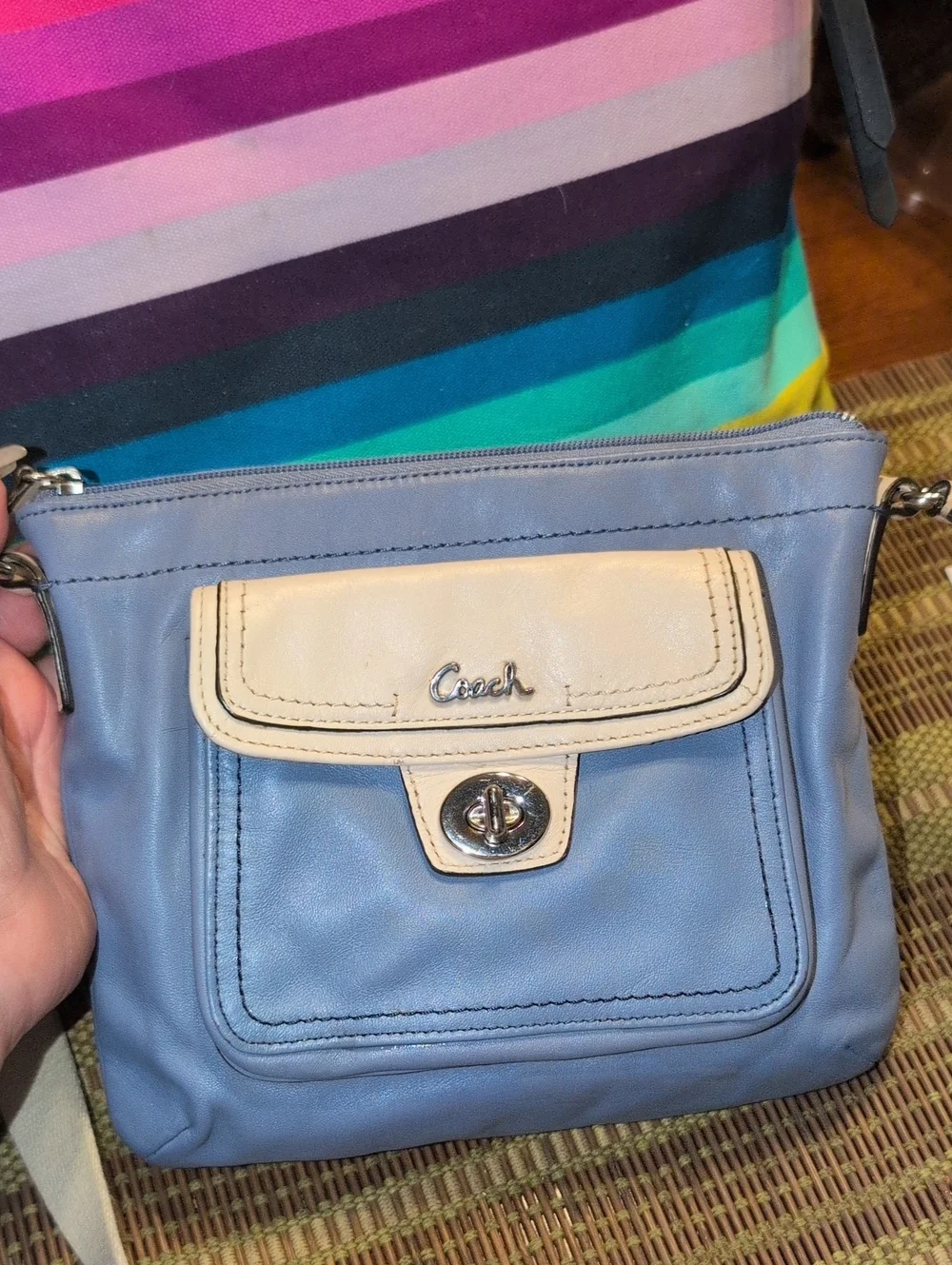 Coach Penelope Light Blue Leather Turn lock Crossbody with Cream Flap